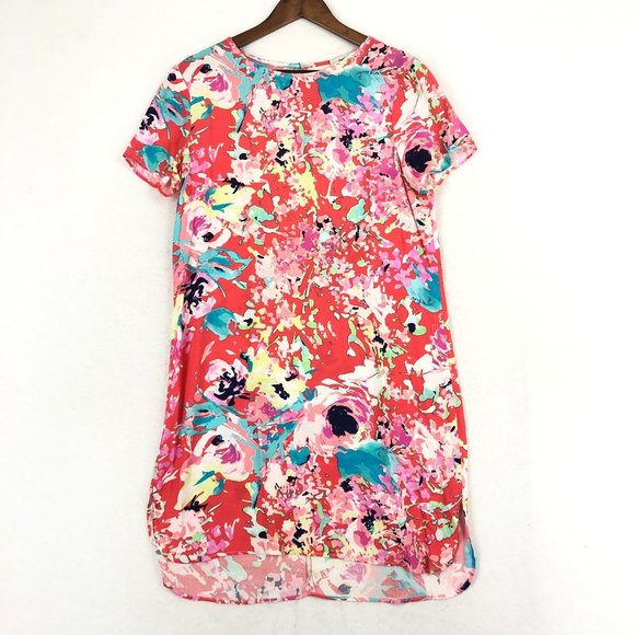 WAYF Women's Size Medium Coral Pink Floral Short Sleeve High-Low Mini Dress - Picture 1 of 11